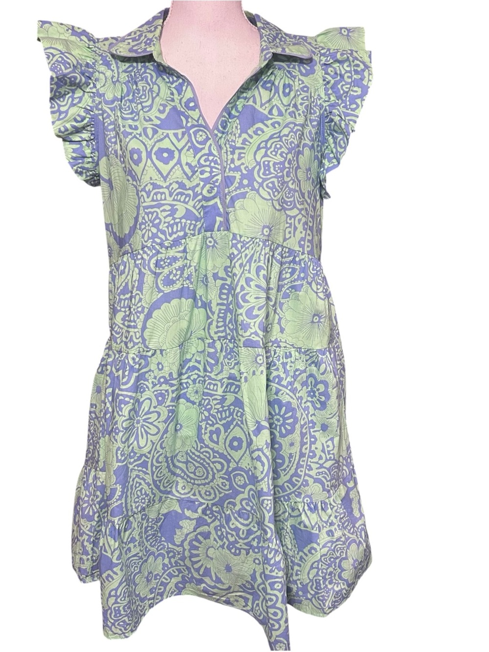 UMGEE Collared V-Neck Babydoll Tiered Dress Womens M Boho Abstract Maximalist